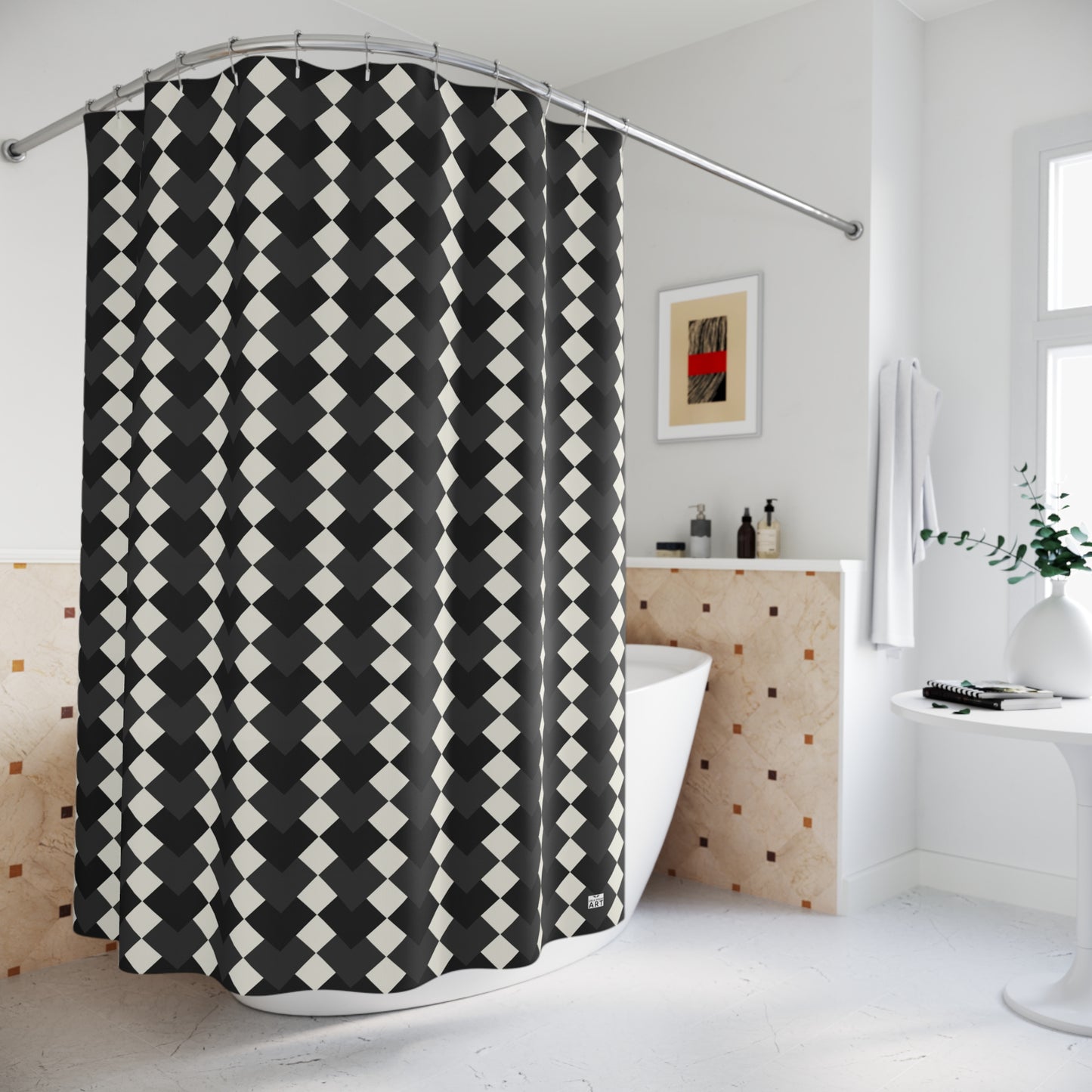Black and White Geometric Harlequin Shower Curtain | Modern Diamond Pattern, Eclectic Bathroom Decor