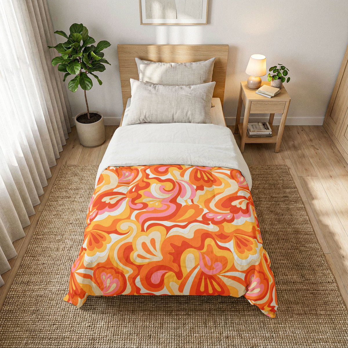 Retro Red Pink Orange Swirl Cotton Comforter | Psychedelic Floral Pattern