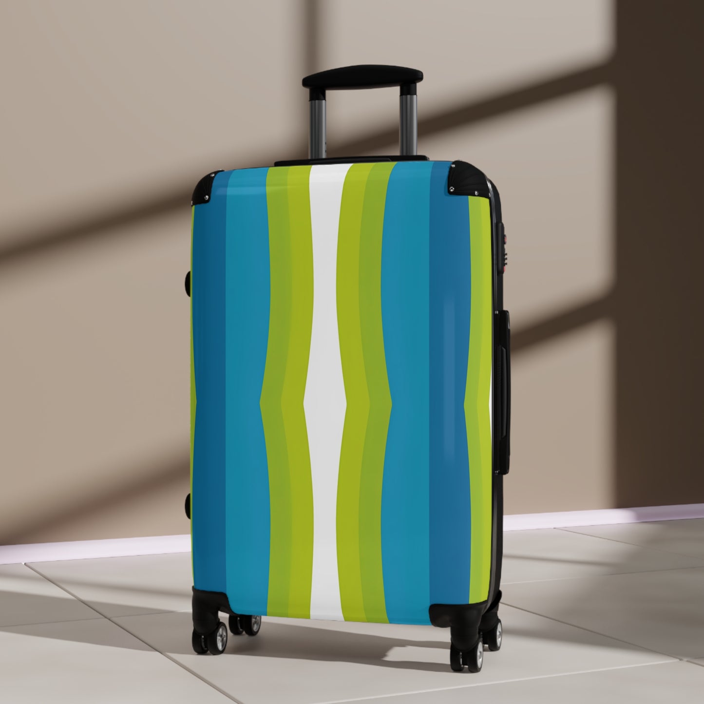 Blue Green Wave Stripe Suitcase | Travel Luggage