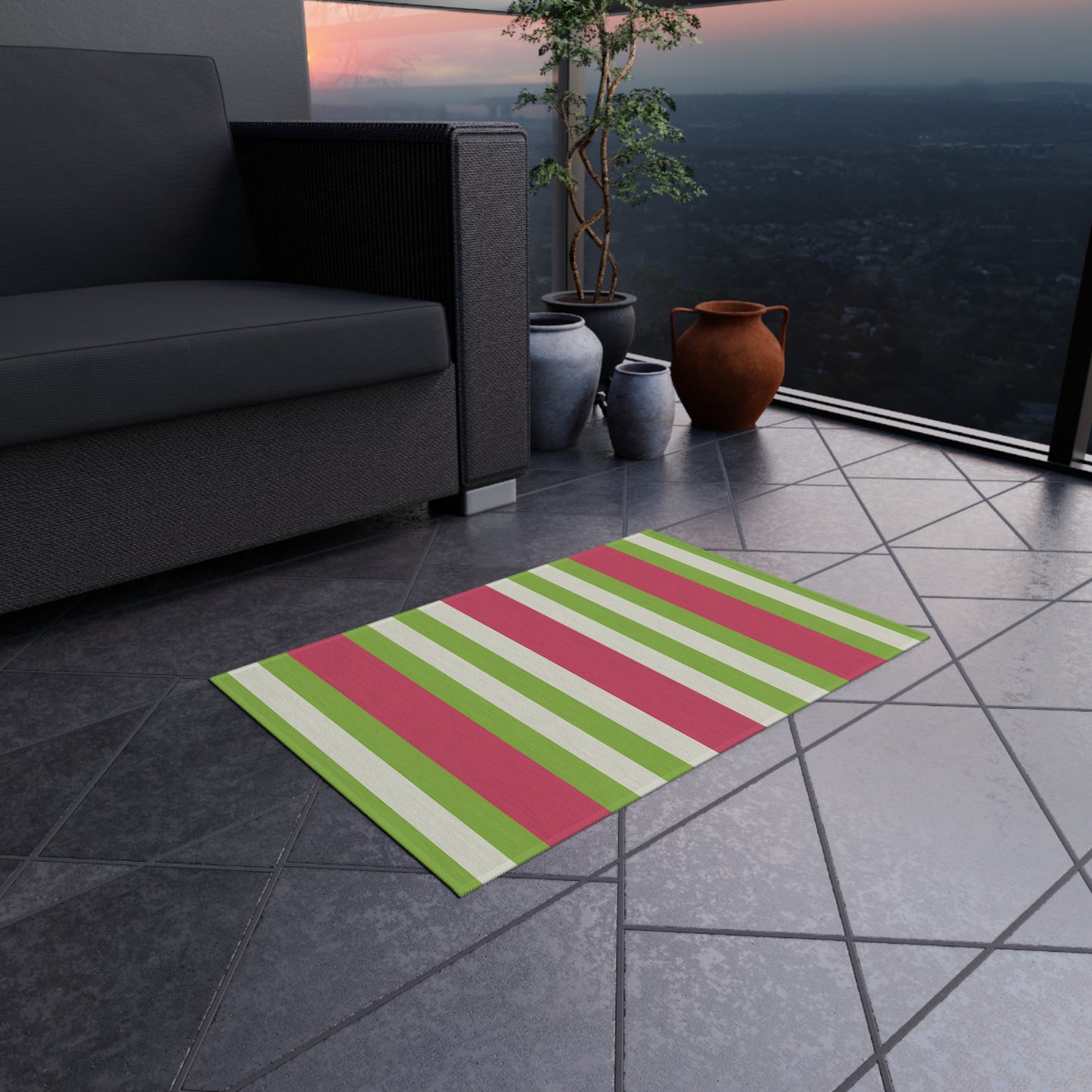Watermelon Pink and Green Striped Outdoor Rug | Patio Mat