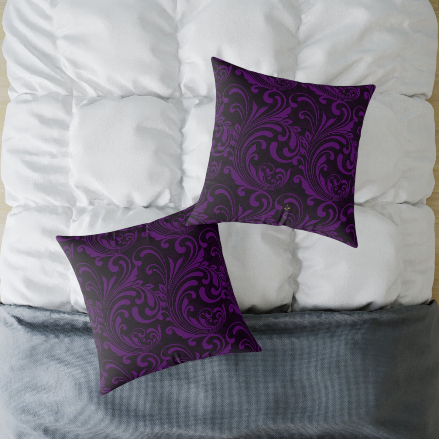 Purple Black Baroque Scroll Pillow | Square Throw Pillow, Dark Floral Damask