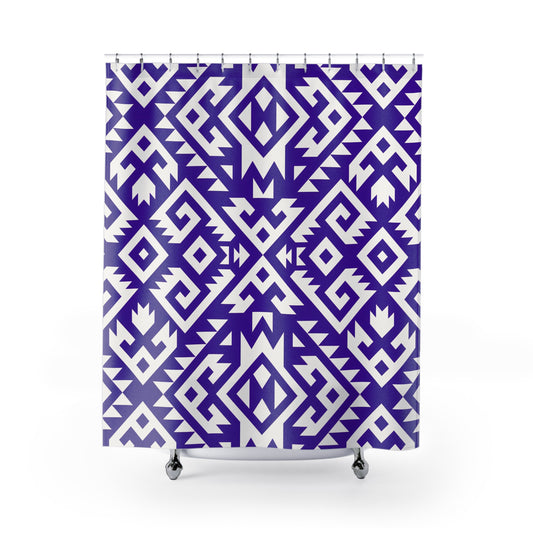 Geometric Boho Tribal Pattern Shower Curtain | Purple White Aztec Bathroom Decor