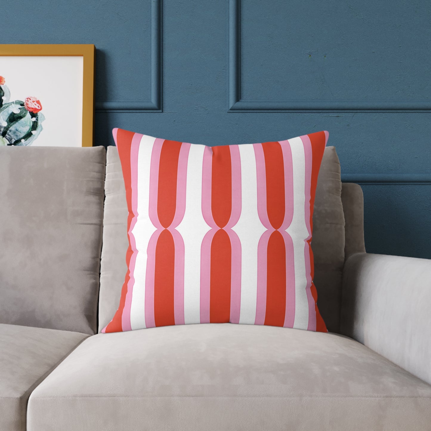 Retro Pink Orange Geometric Stripes Pillow | Square Poly Canvas Cushion