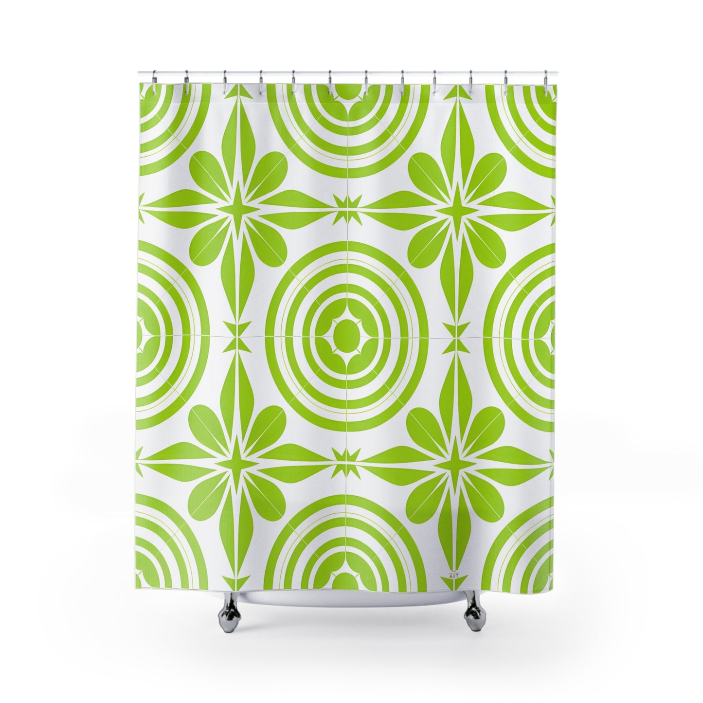 Green Retro Floral Pattern Shower Curtain | Mid Century Circles
