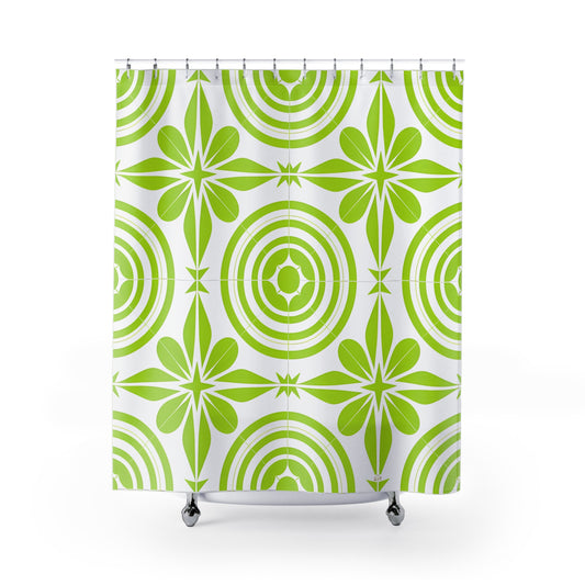 Green Retro Floral Pattern Shower Curtain | Mid Century Circles