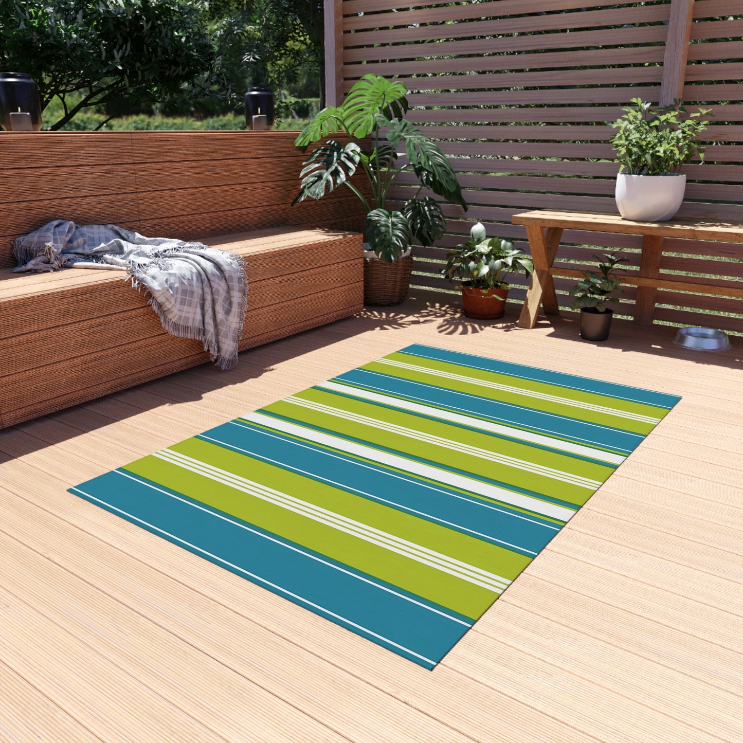 Blue Green White Stripe Outdoor/Indoor Rug | Patio Mat, Weather-Resistant