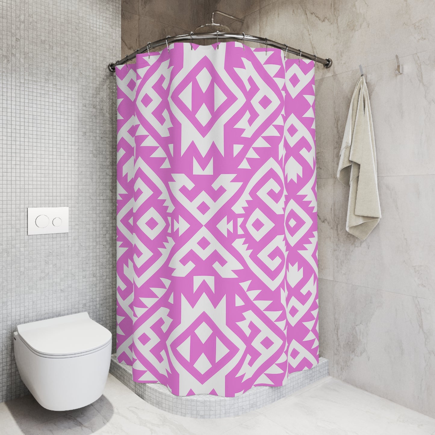 Pink White Aztec Boho Geometric Shower Curtain | Tribal Pattern Bathroom Decor