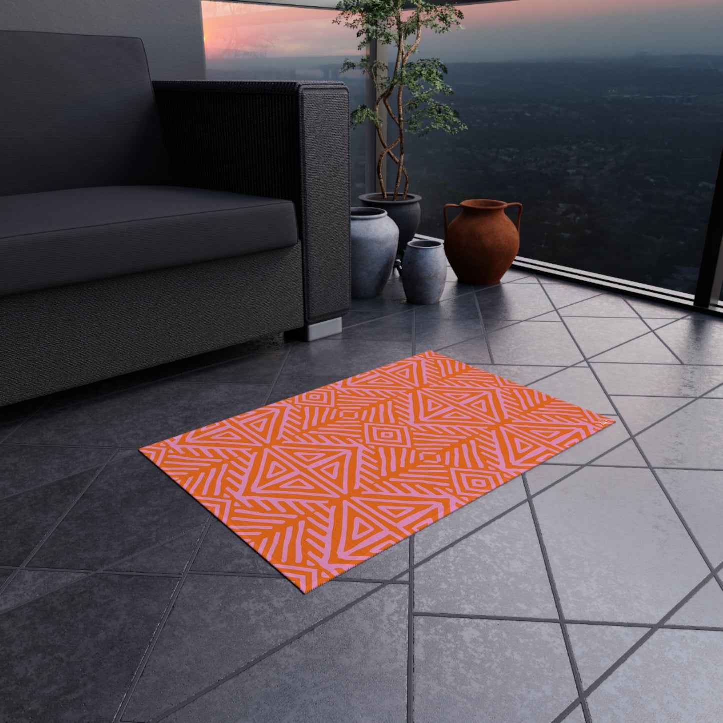 Orange and Pink Geometric Tribal Pattern Outdoor Rug | Water-Resistant Patio Mat