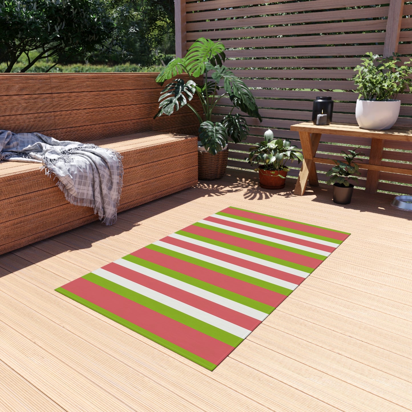 Striped Medium Pink Green White Outdoor/Indoor Rug | Patio Deck Mat
