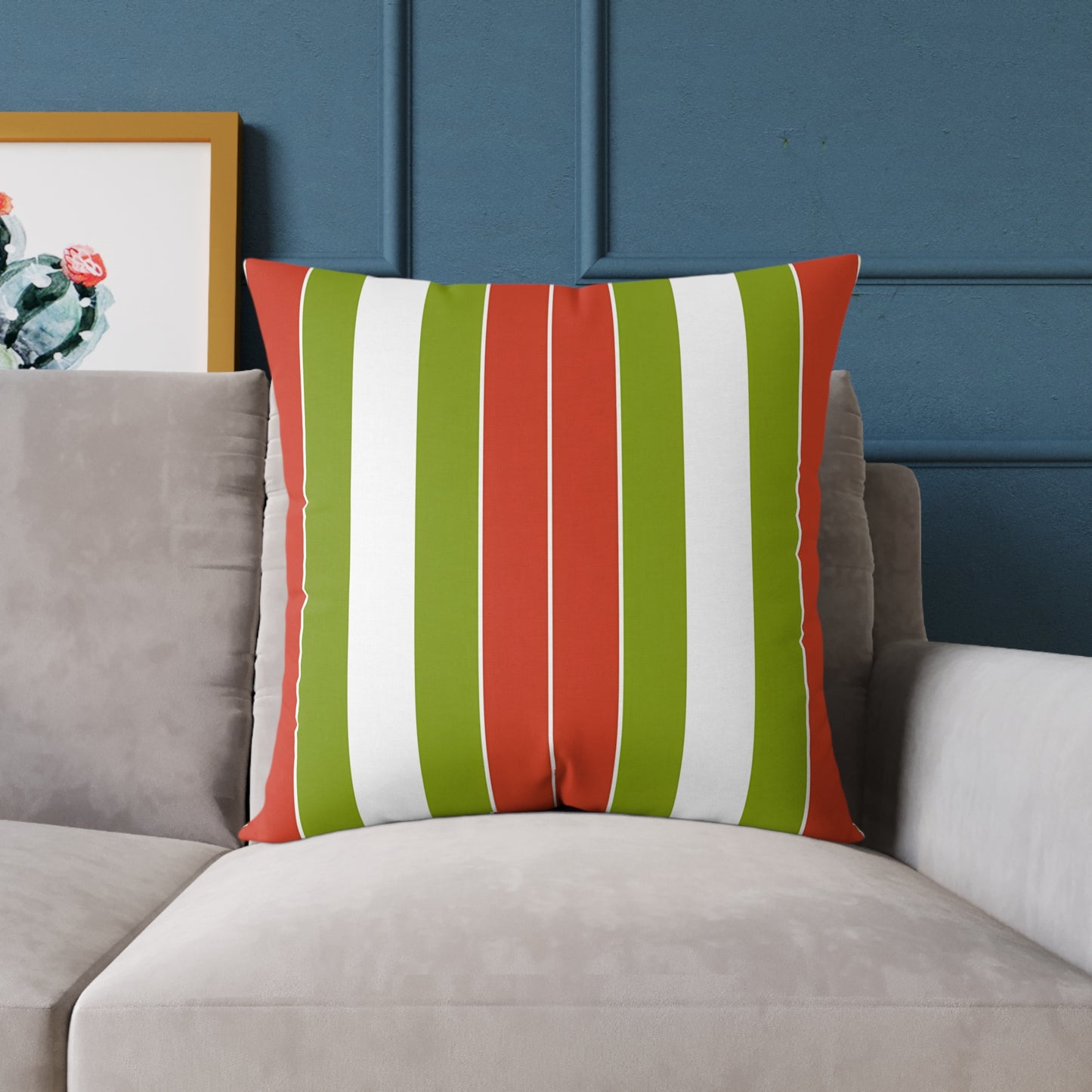 Orange White Green Stripe Pillow | Square Poly Canvas Pillow