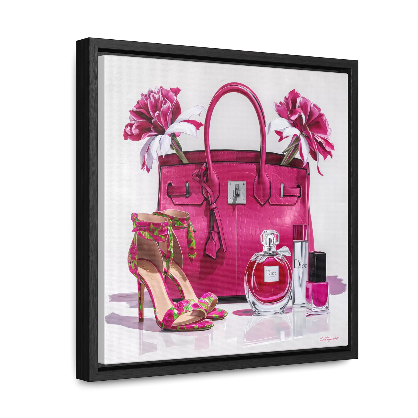 Fashion Square Canvas Wall Art, Pink Designer Handbag Heels Perfume Glam Painting, Gallery Wraps, Fashionista  Room Decor,