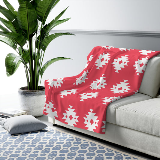 Southwestern Navajo Pattern Sherpa Blanket | Coral and white Geometric Throw