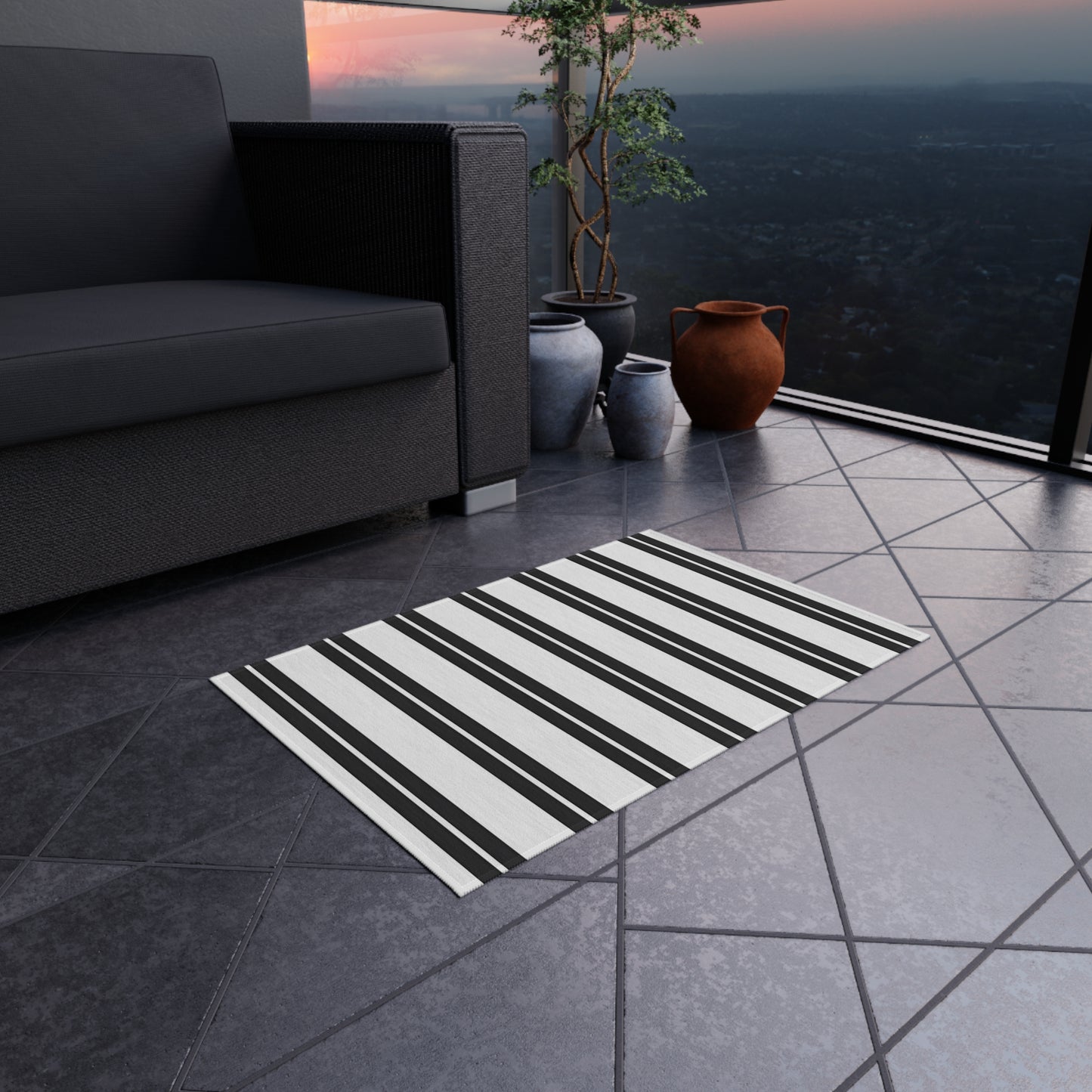 Black and White Vertical Stripe Outdoor/Indoor Rug | Modern Patio Mat