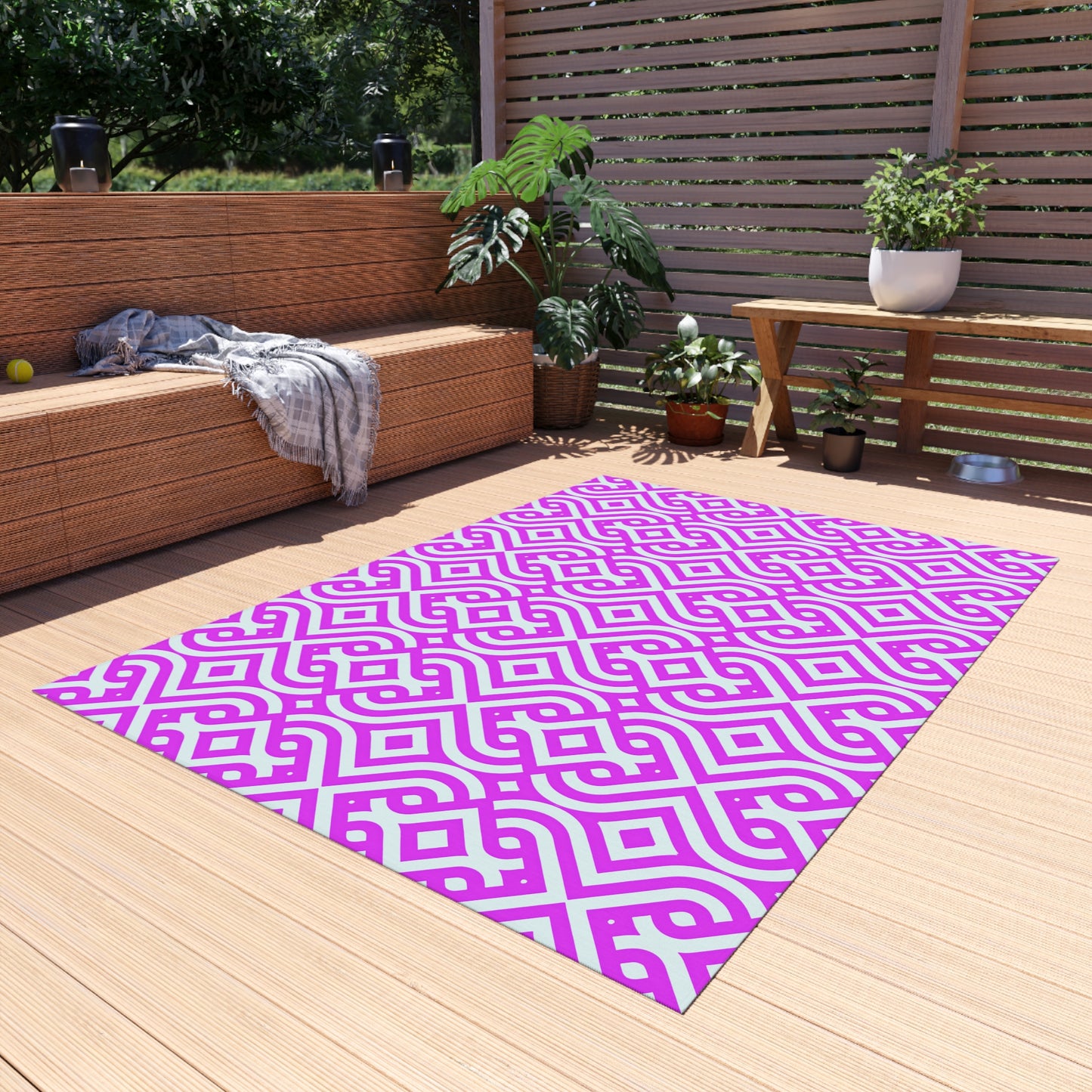 Geometric Moroccan Tile Outdoor/Indoor Rug | Magenta Pink White Patterned Patio Mat