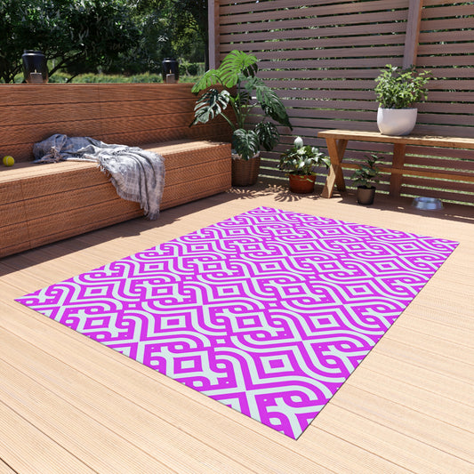 Geometric Moroccan Tile Outdoor/Indoor Rug | Magenta Pink White Patterned Patio Mat