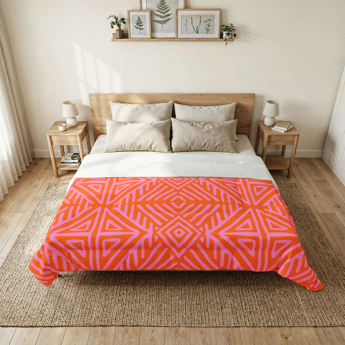 Geometric Tribal Pattern Cotton Comforter | Orange Pink Diamond Motif