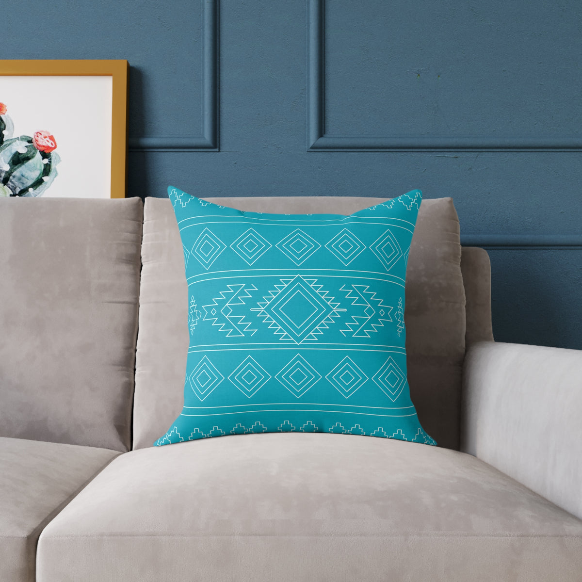 Aztec Diamond Pattern Square Poly Canvas Pillow | Turquoise Geometric Throw Pillow