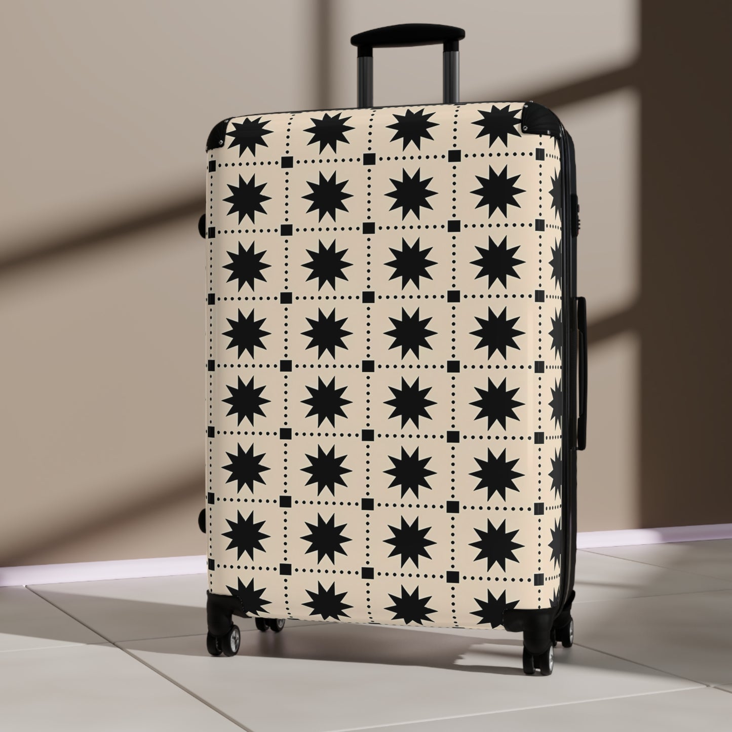 Black Creme Star Grid suitcase | Patterned Carry-On Luggage