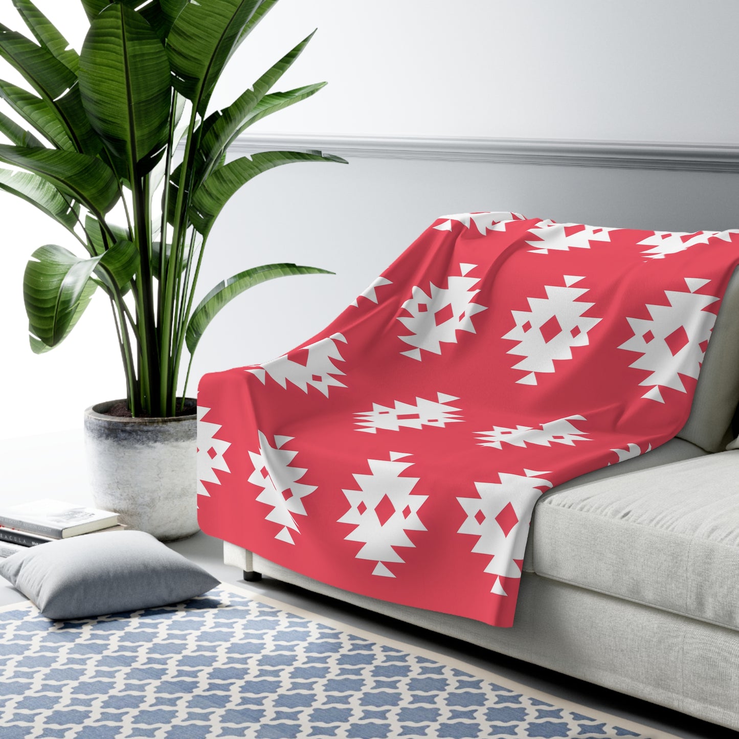 Southwestern Navajo Pattern Sherpa Blanket | Coral and white Geometric Throw