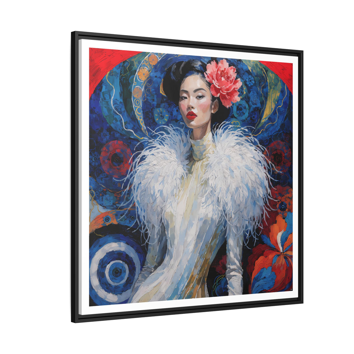 Floral Portrait  Asian Woman Matte Canvas Framed | Colorful Modern Wall Art
