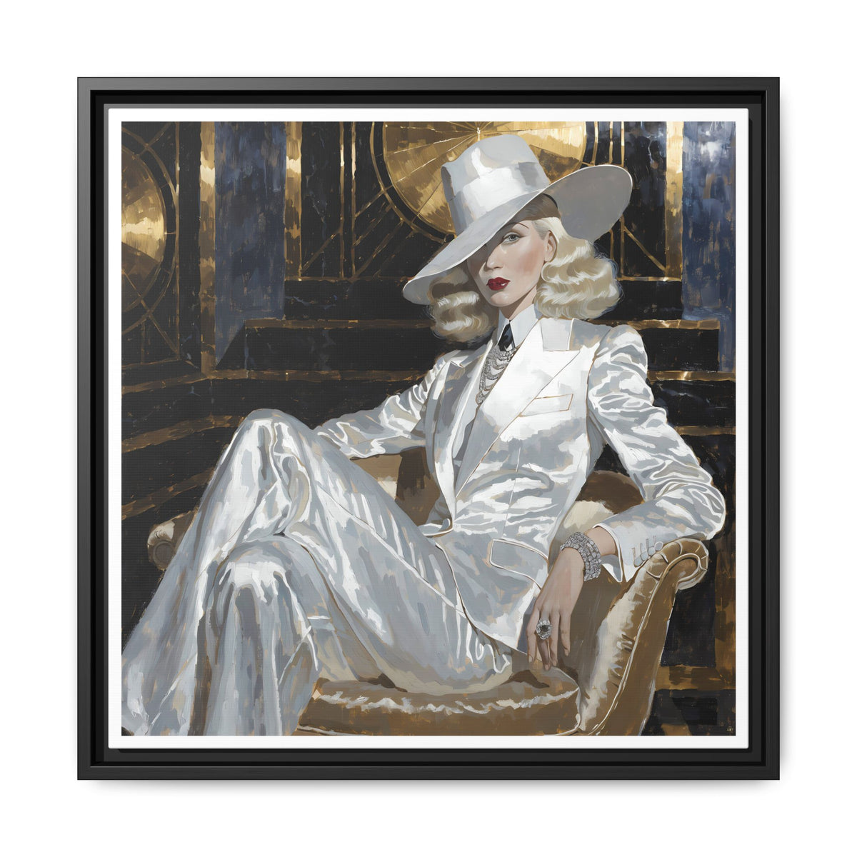 Woman in White Suit Art Print Matte Canvas, Framed | Glamorous Fashion Portrait