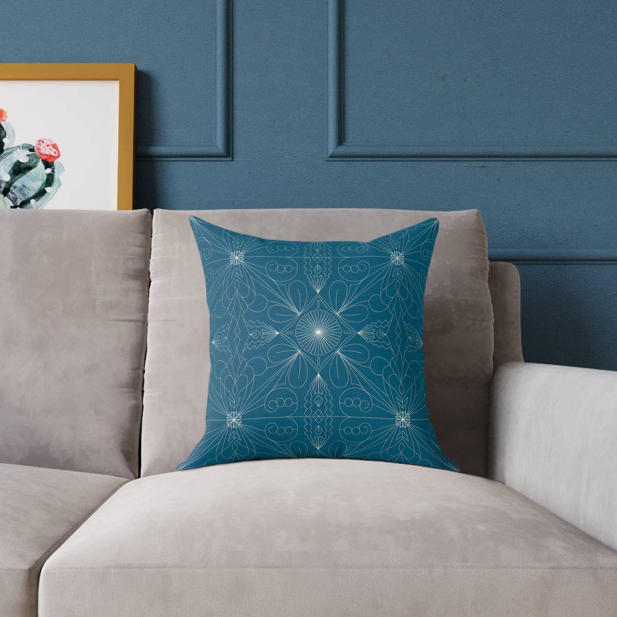 Teal Geometric Mandala Square Poly Canvas Pillow | Floral Star Pattern