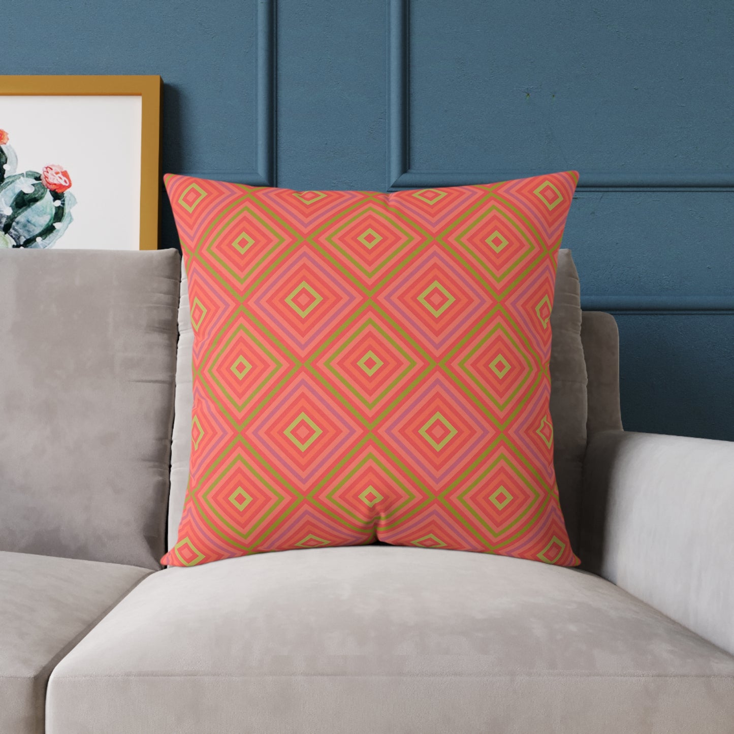 Geometric Diamond Pattern Square Pillow | Coral Orange Pink Accent