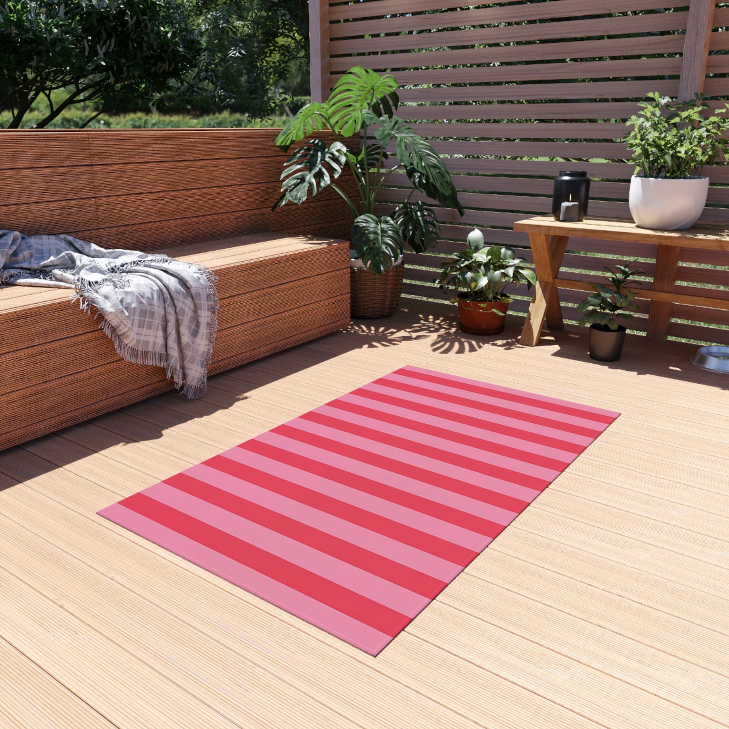 Light Pink and Watermelon Pink Stripe Outdoor Rug | Patio Mat, Water-Resistant Porch Rug