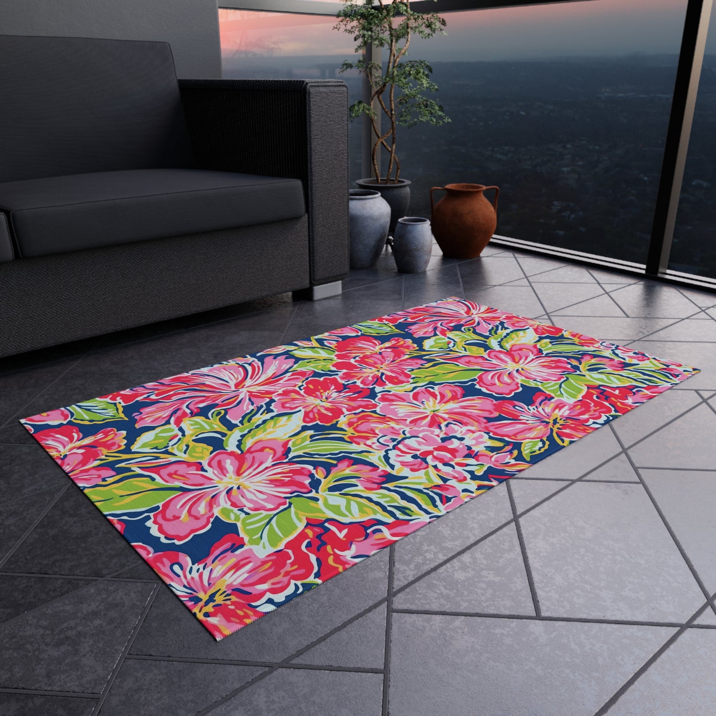 Pink Tropical Floral Indoor/Outdoor Rug | Hibiscus Pattern Patio Mat