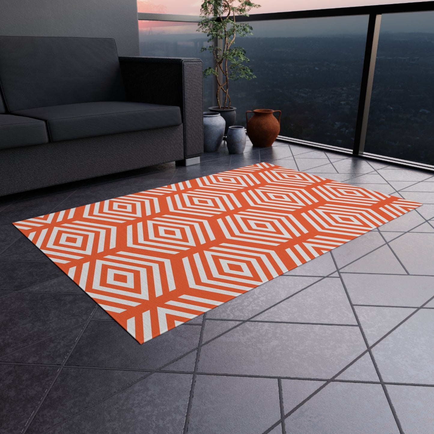 Geometric Hexagon Pattern Outdoor/Indoor Rug | Orange White Diamond Patio Mat