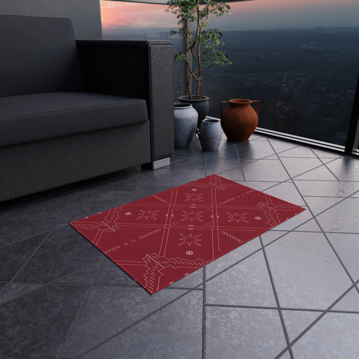 Geometric Star Pattern Outdoor Rug | Red Southwestern Patio Mat