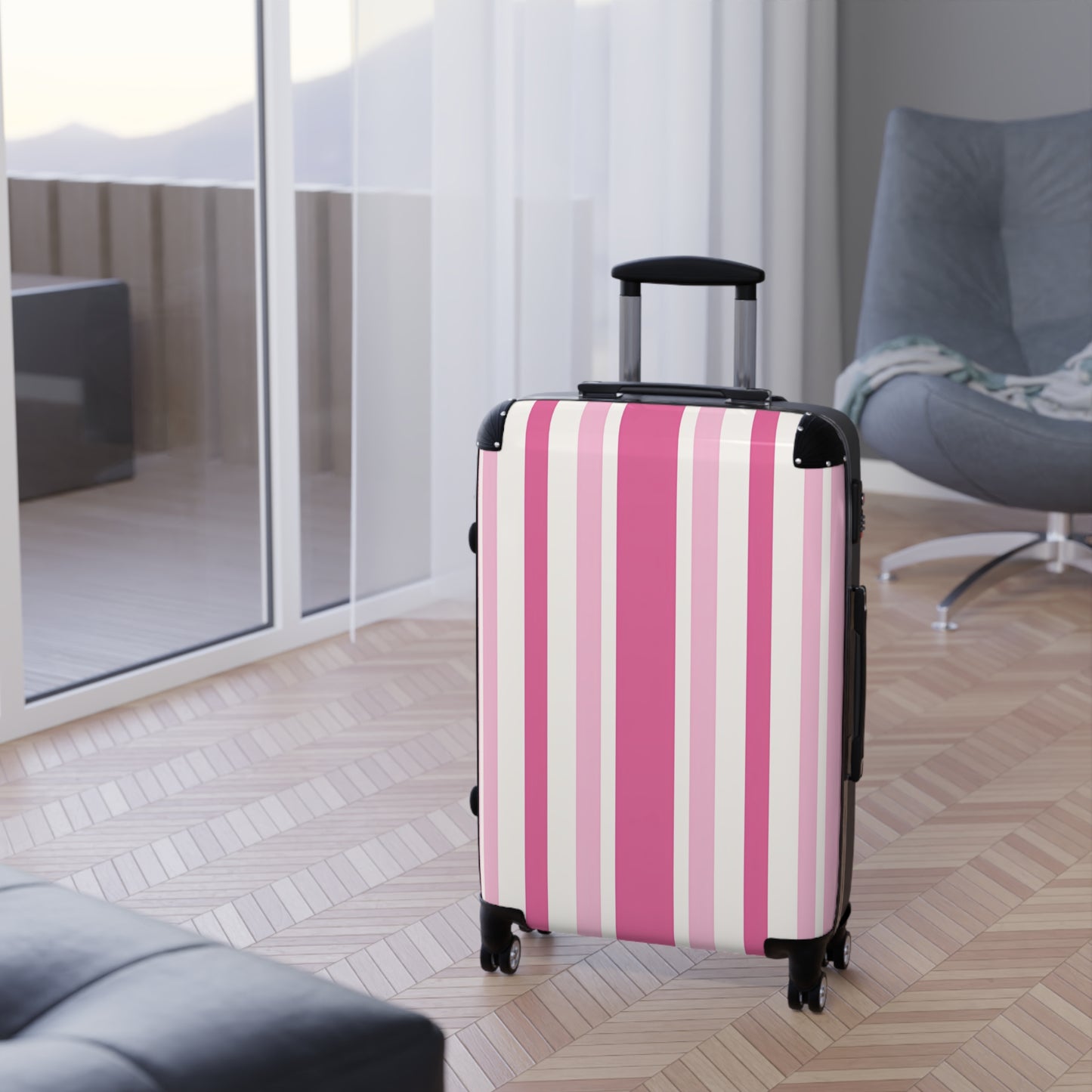 Pink Striped Suitcase | Hard Shell Luggage