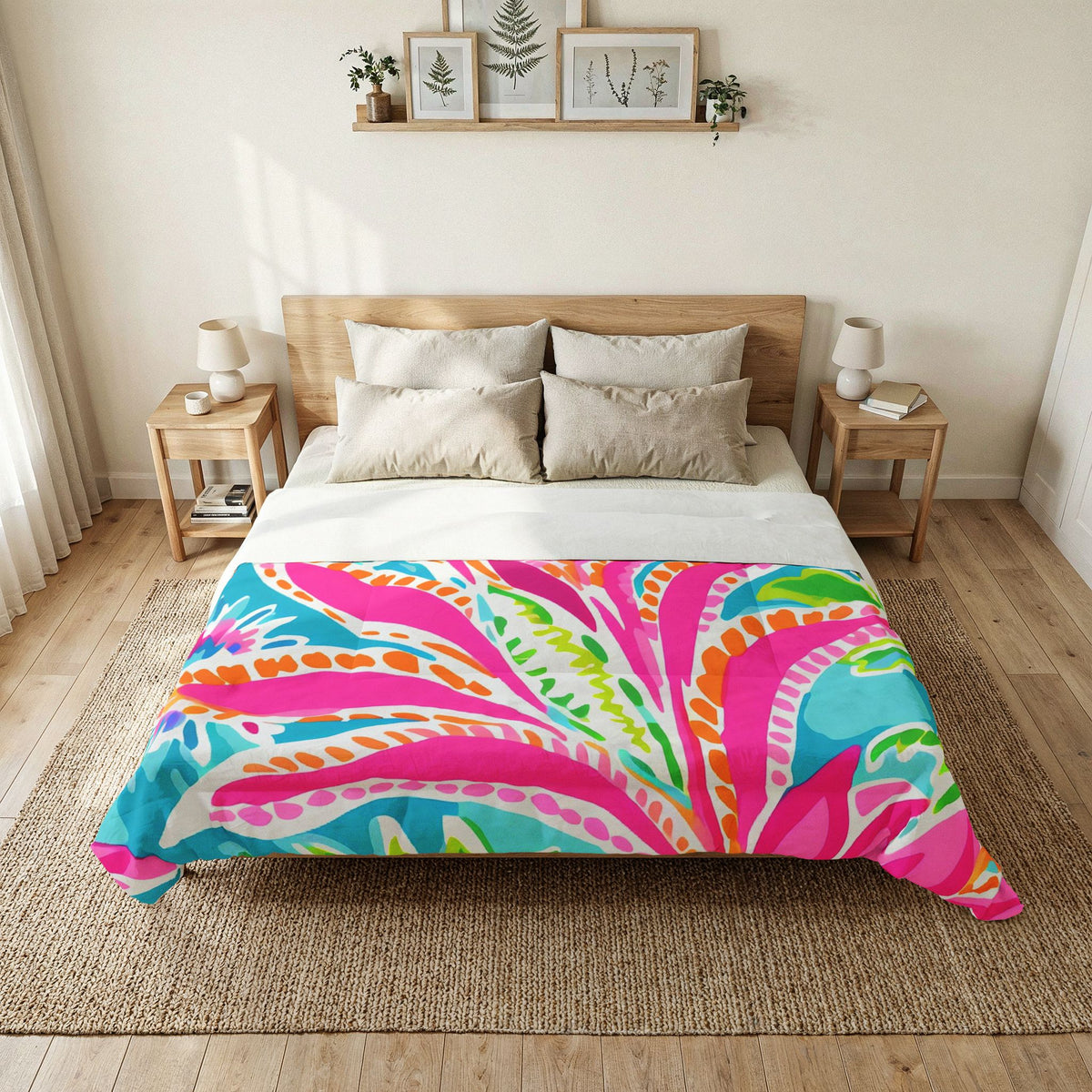 Tropical Floral Pattern Cotton Comforter | Bright Pink Blue Green Leaves
