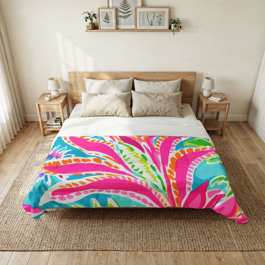 Tropical Floral Pattern Cotton Comforter | Bright Pink Blue Green Leaves