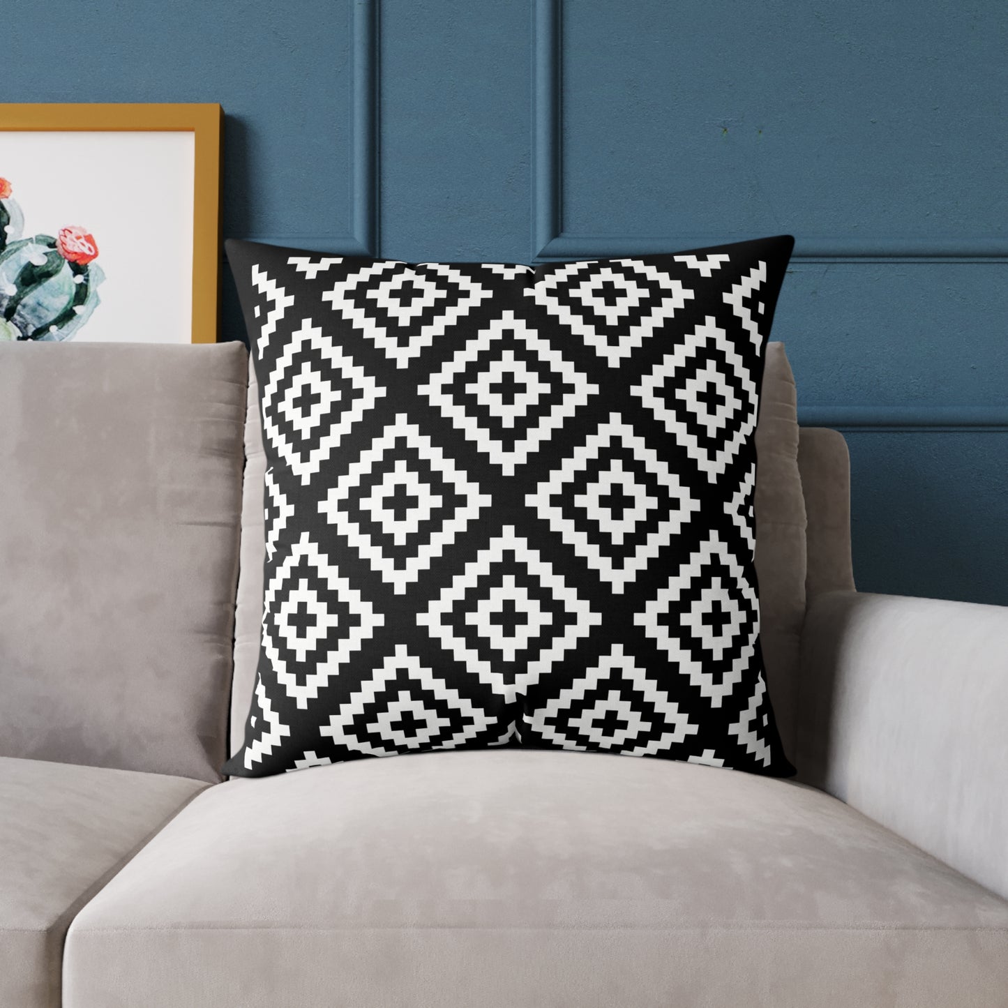 Black White Boho Native American Geometric Diamond Pattern Pillow | Square Poly Canvas Pillow