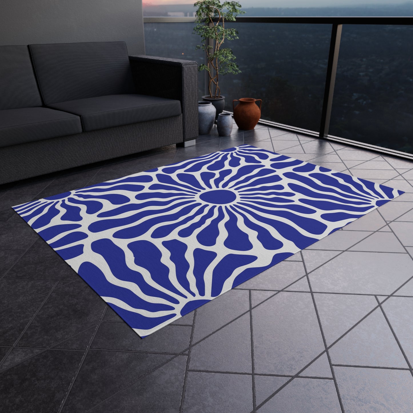 Blue White Radiant Floral Outdoor/Indoor Rug | Patio Mat, Water-Resistant Poolside