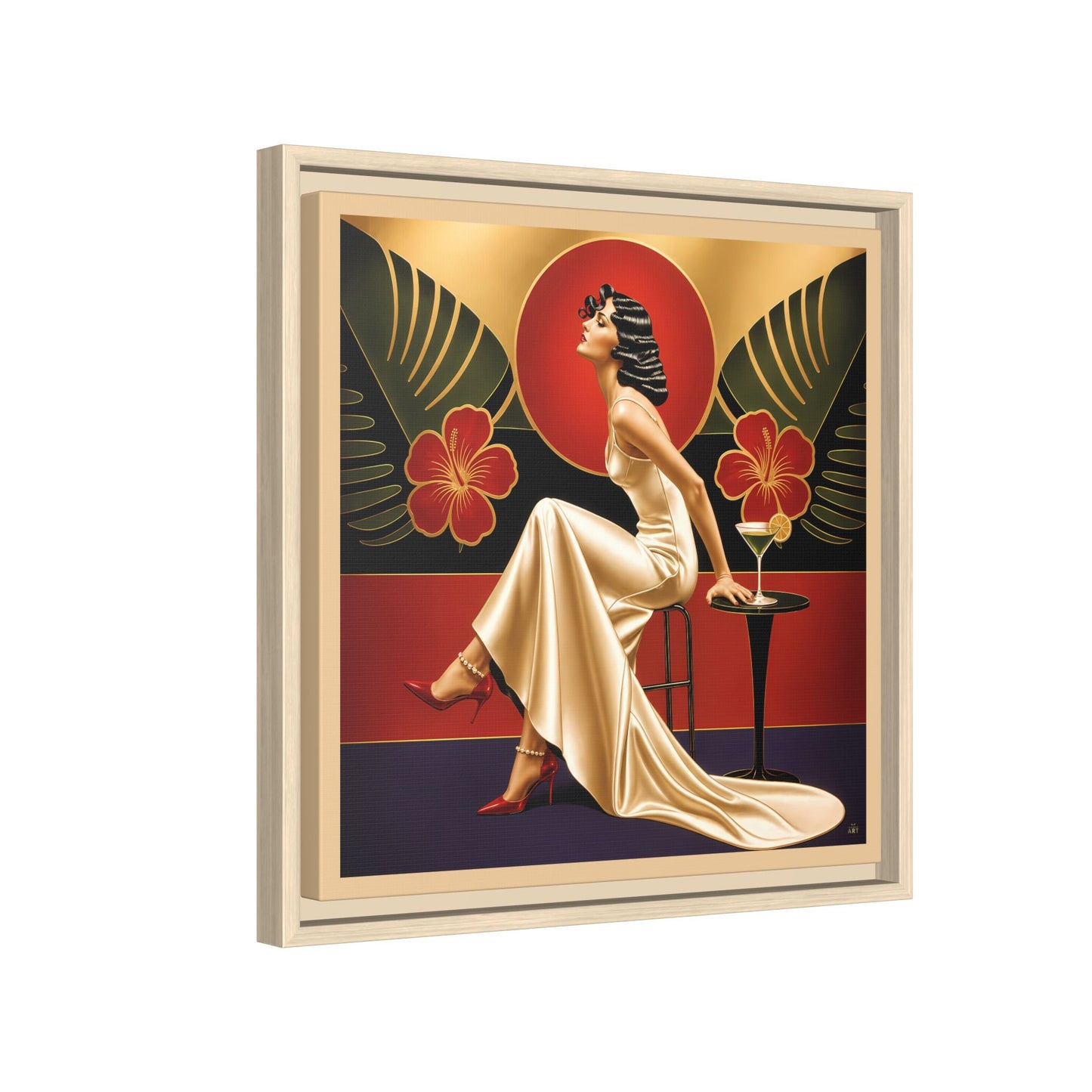 Art Deco Lady Red Green Beige Tropical Canvas Framed Wall Art | Matte Print