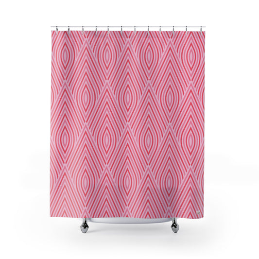 Pink Geometric Diamond Pattern Shower Curtain | Retro Striped Bath Decor, Boho Bath Accessory