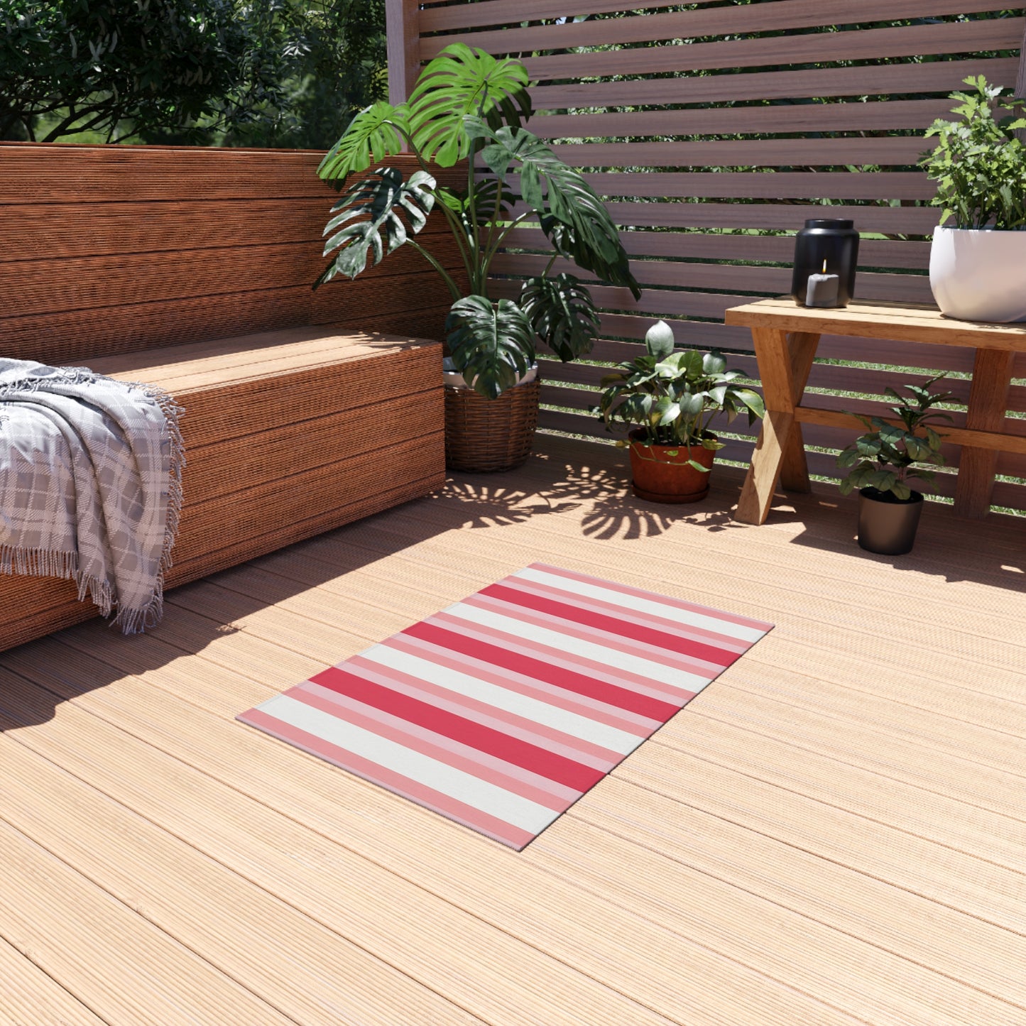 Pink White Striped Outdoor/Indoor Rug | Patio Mat, Red and Blush Stripes