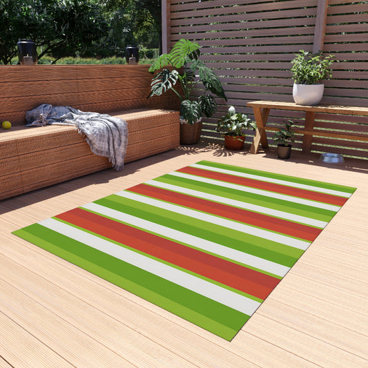 Green Orange Red White Stripe Outdoor/Indoor Rug | Patio Mat, Weatherproof Porch Rug