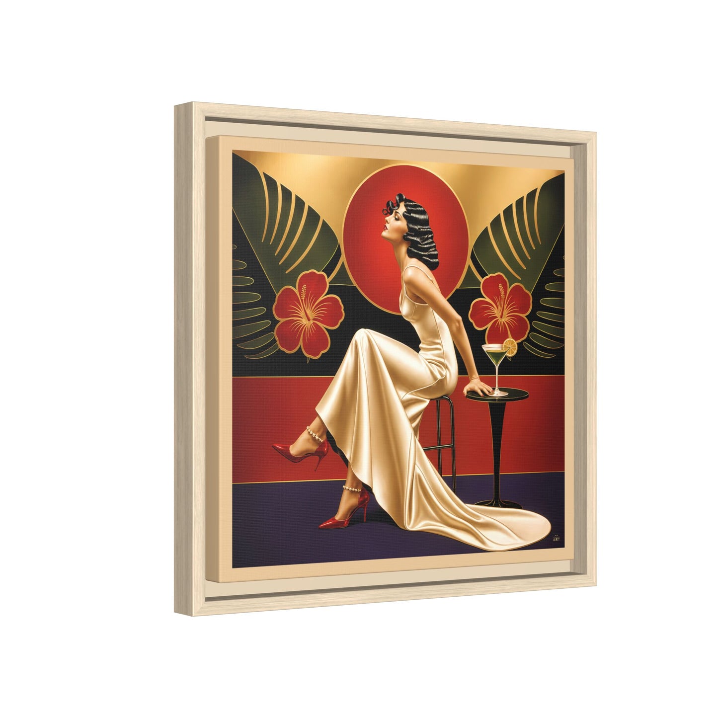 Art Deco Lady Red Green Beige Tropical Canvas Framed Wall Art | Matte Print