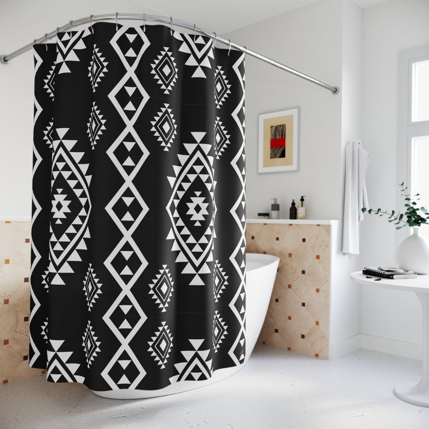 Black & White Aztec Geometric Shower Curtain | Tribal Diamond Pattern Boho Bathroom Accessory
