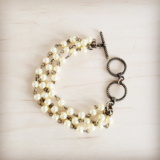 Champagne Pearl Triple Strand Beaded Bracelet 812a