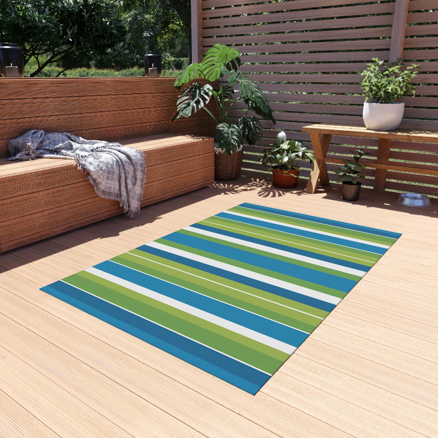 Blue Green Stripe Outdoor/Indoor Rug | Coastal Patio Floor Mat