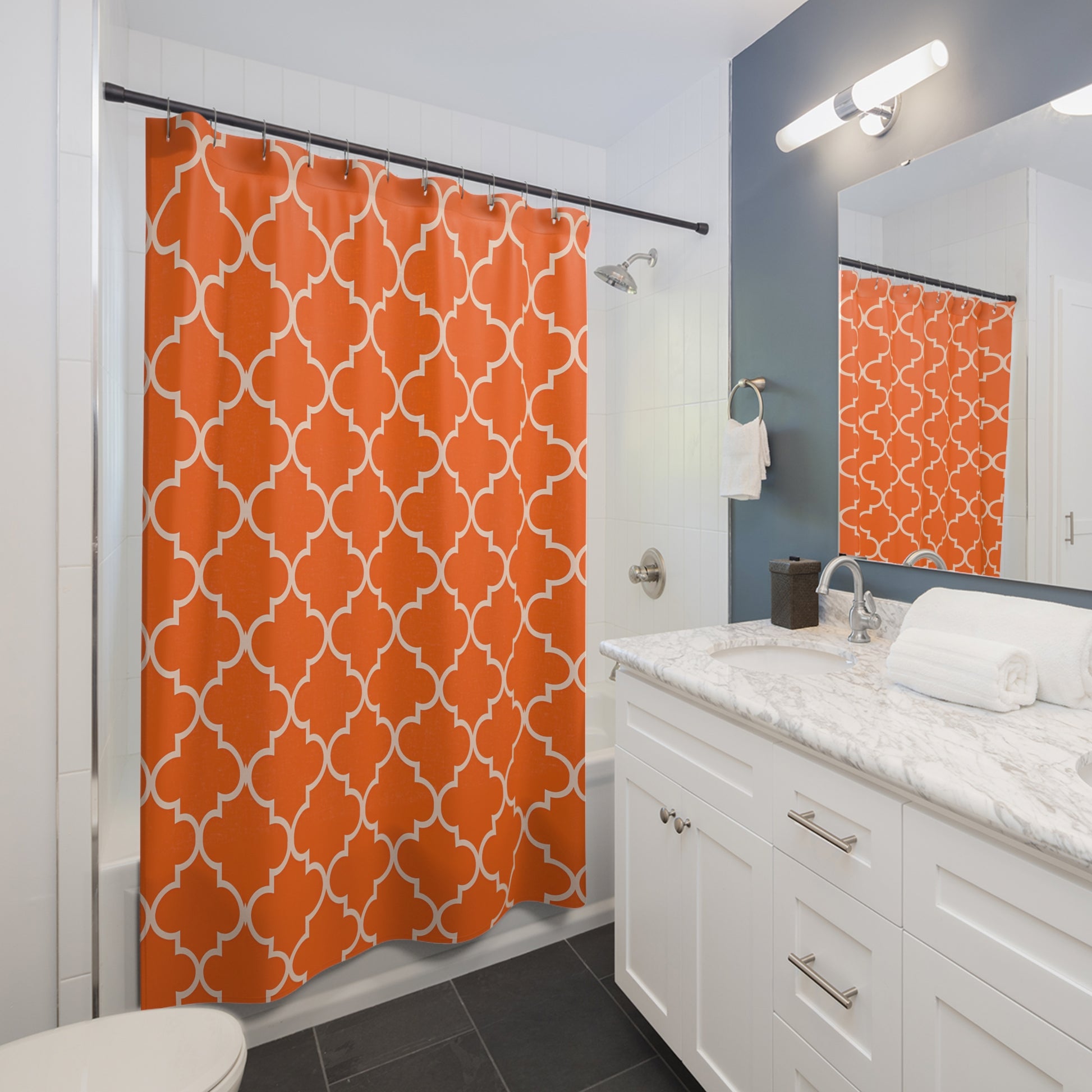 Vibrant Orange Geometric Shower Curtain, Bright Bathroom Decor, Modern Home Accessory, Gift for Homeowner, Ethnic Vibe, Moroccan Quatrefoil - LOLA VEGAS ART