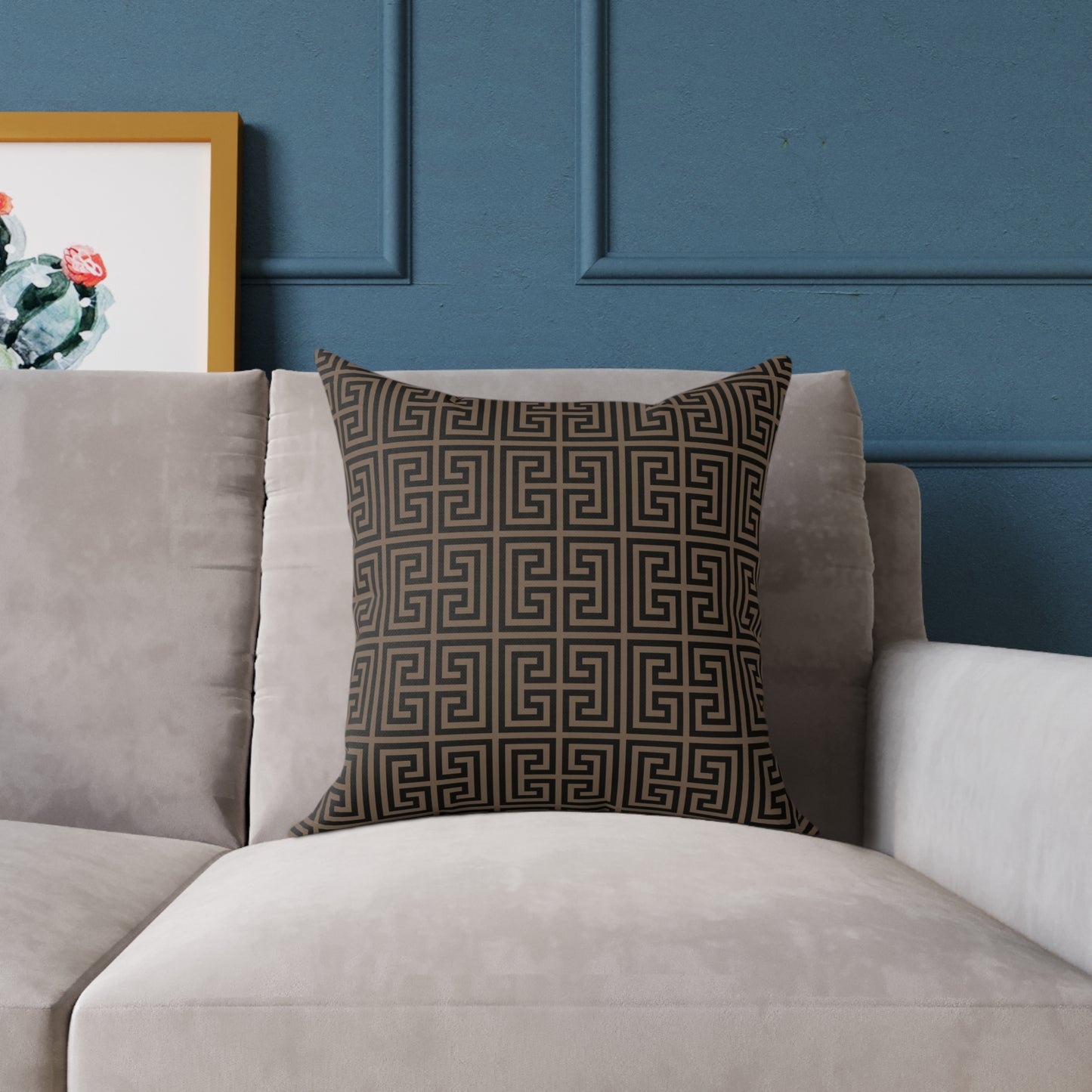 Greek Key Pattern Square Pillow | Geometric Throw Pillow, Neutral Brown and Black Home Decor