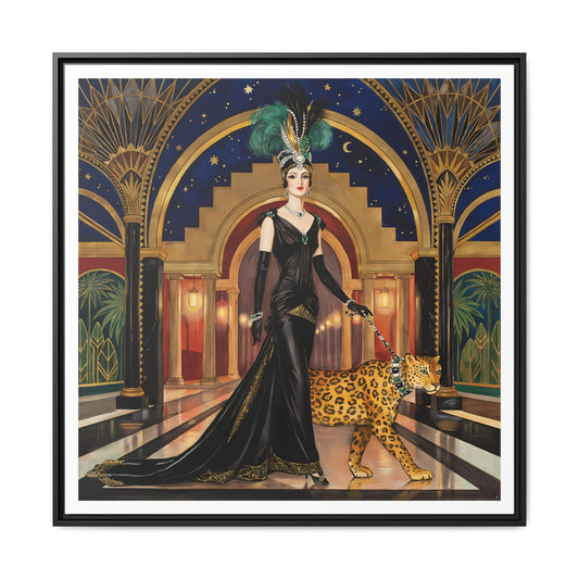 Art Deco Flapper with Leopard Canvas Framed Wall Art | Matte Print