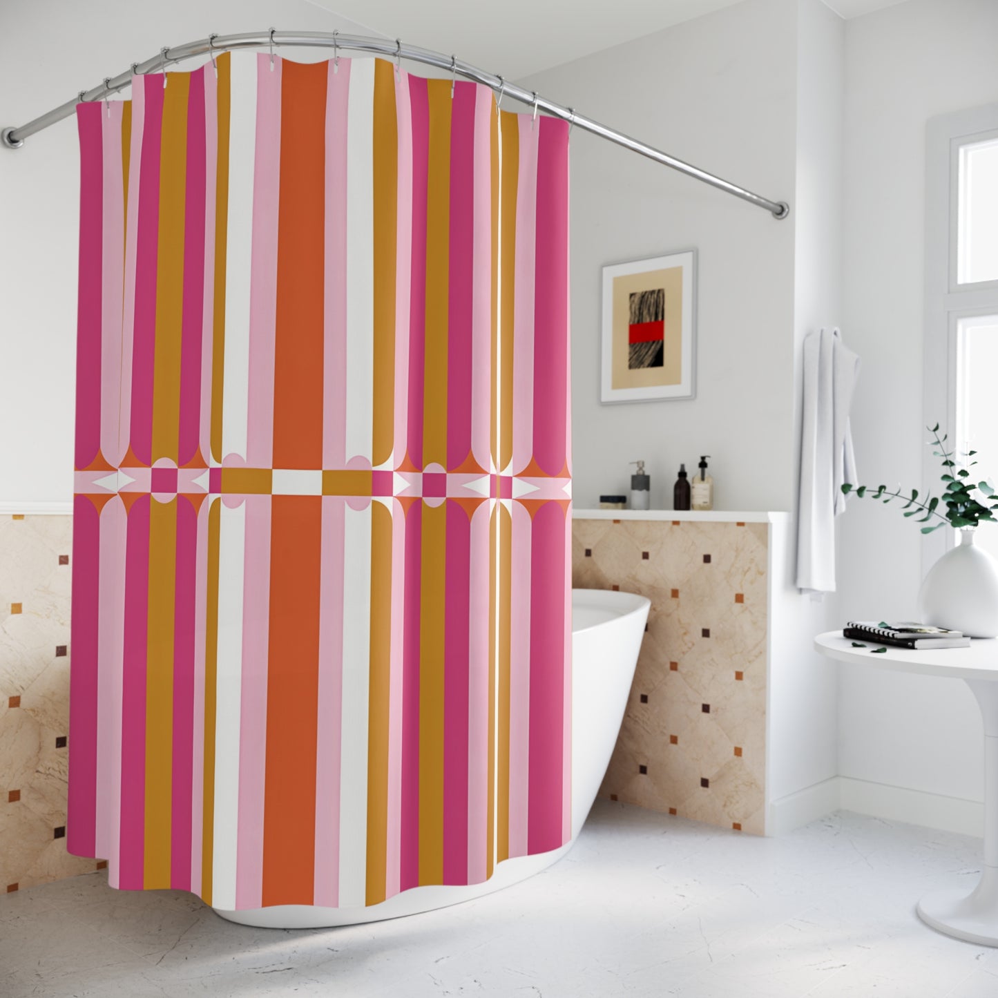 Retro Pink Orange Stripe Shower Curtain | Mid-Century Geometric Bath