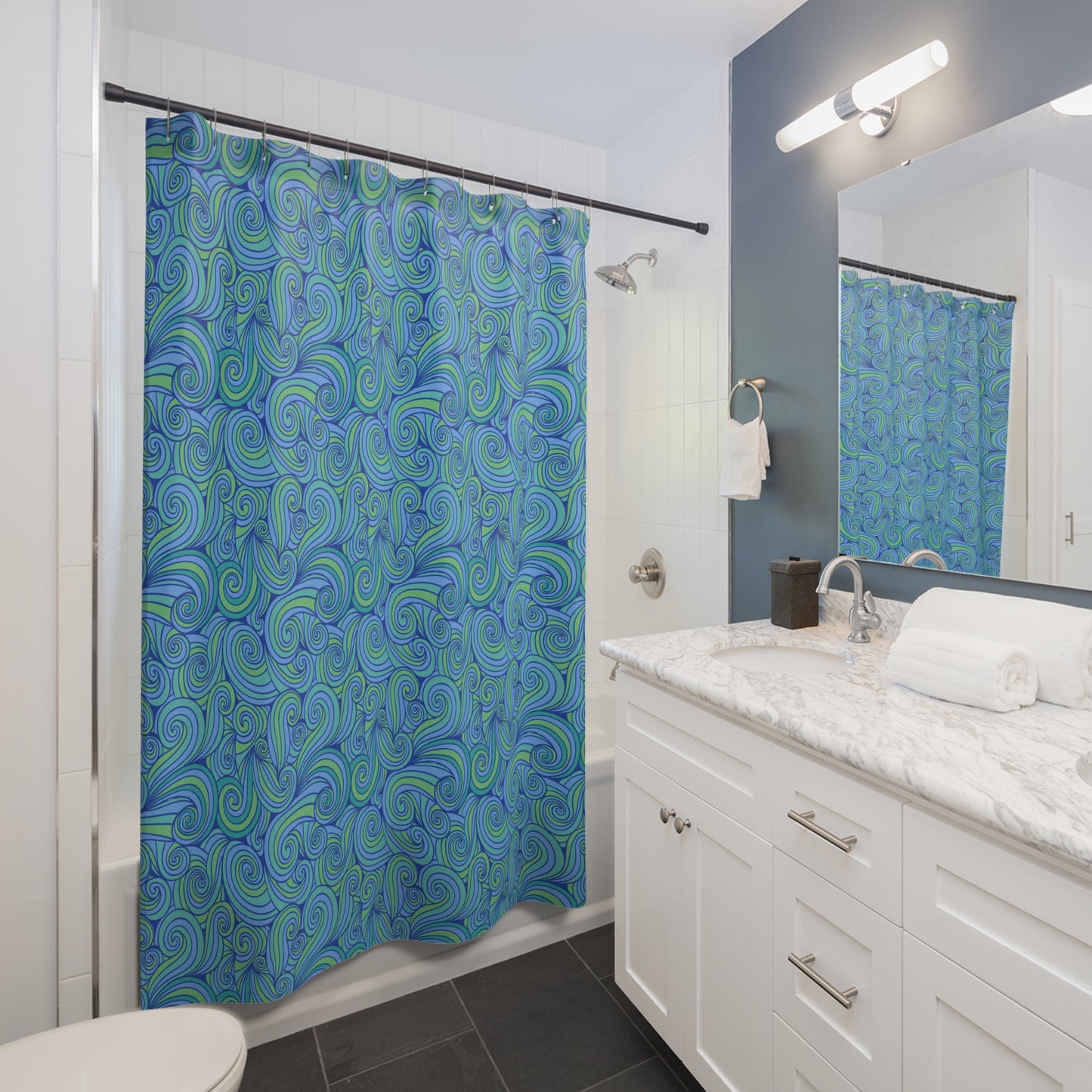 Blue Green Swirl Pattern Shower Curtain | Nautical Wave Bathroom Decor
