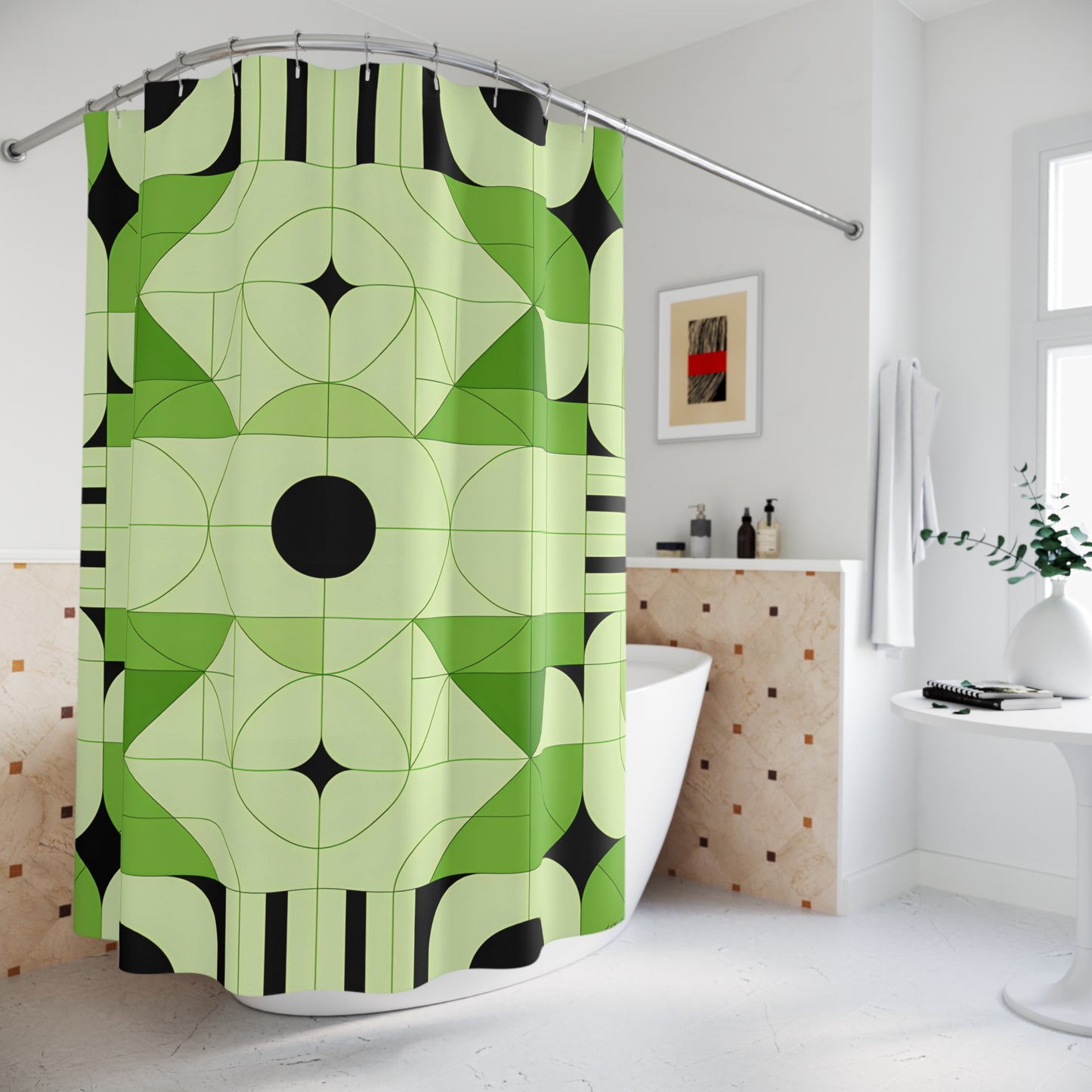 Geometric Green Shower Curtain, Modern Bathroom Decor, Stylish Home Accessory, Gift for New Homeowners, Unique Interior Design - LOLA VEGAS ART